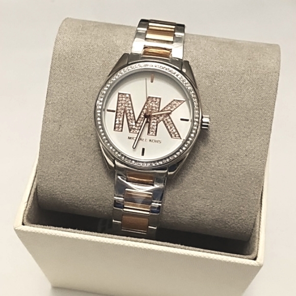 Michael Kors Janelle Women's Pave Crystal Watch MK Logo Dial Rose Gold Silver - Picture 2 of 6